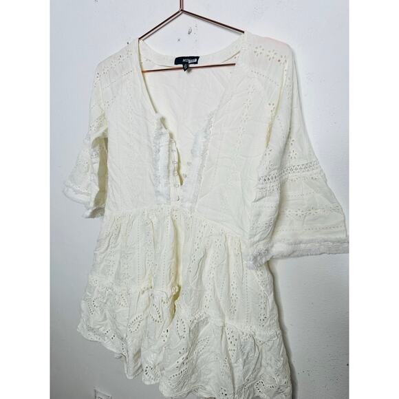 N12H White Cotton Eyelet Pure Peasant Three Quarter Sleeve Poppy Dress XS US 0 - Picture 3 of 16